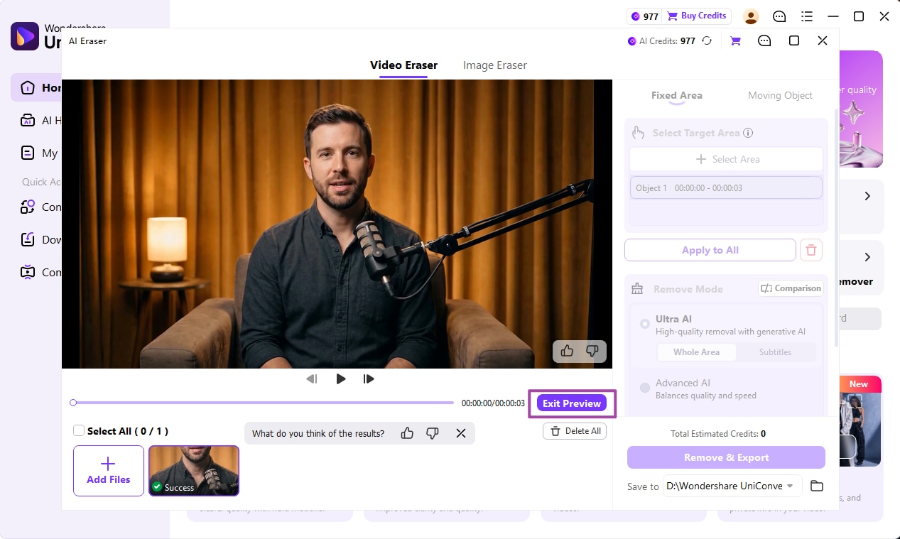 Preview video watermark removal with Ultra AI