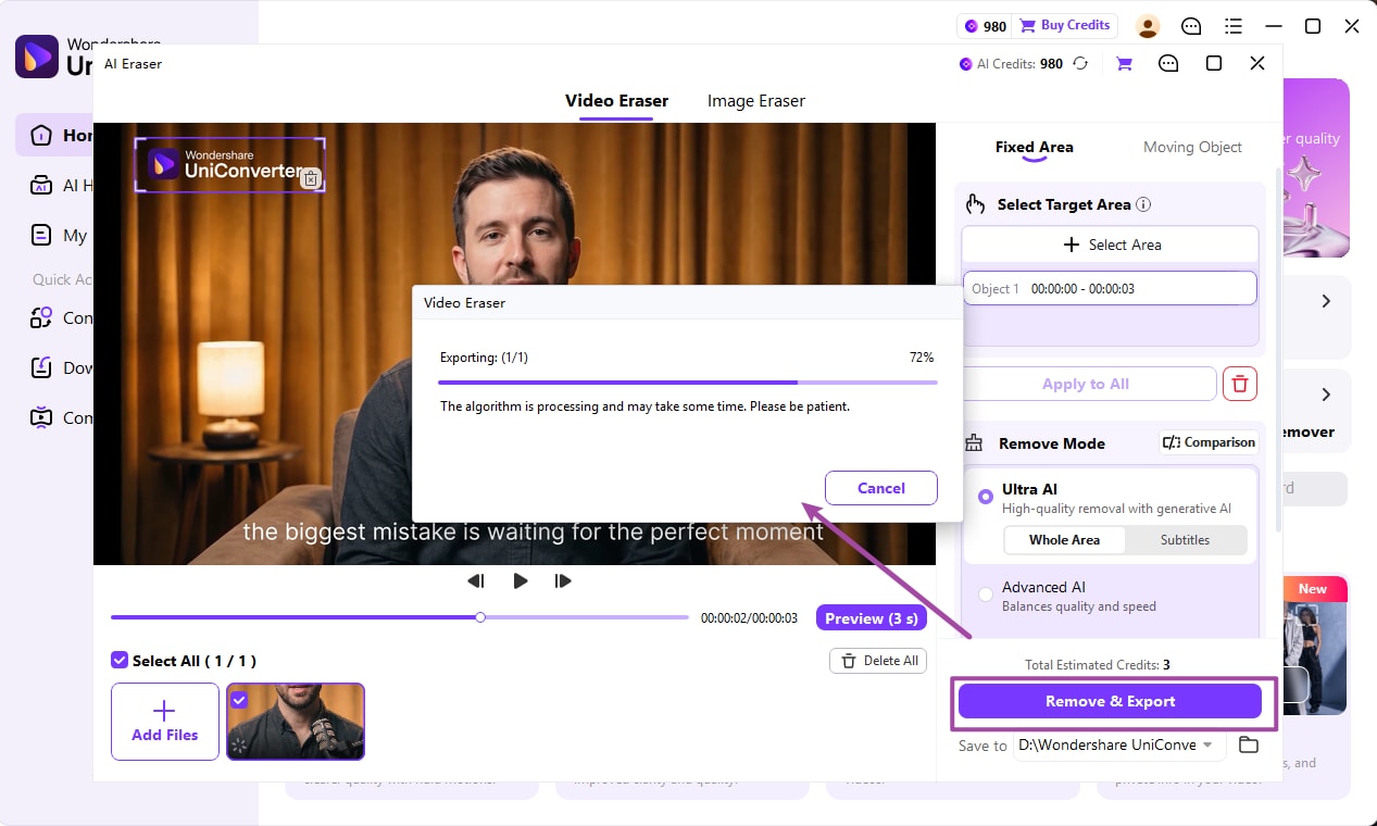 Export the video after removing a watermark