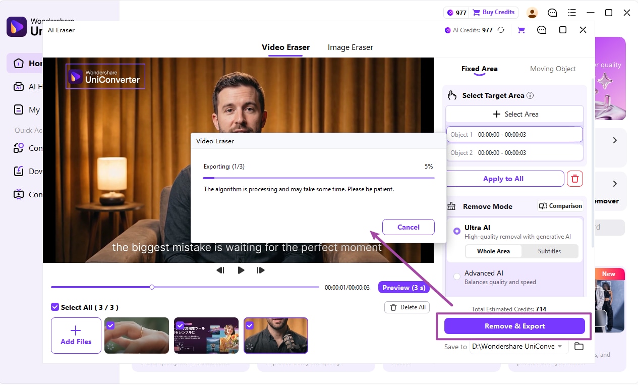 Batch processing progress for video watermark removal