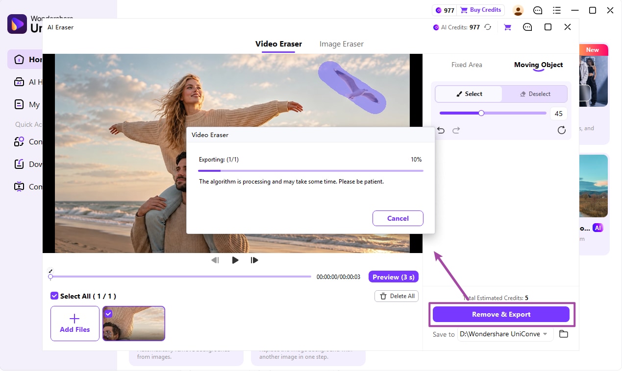 Export a video after moving object removal