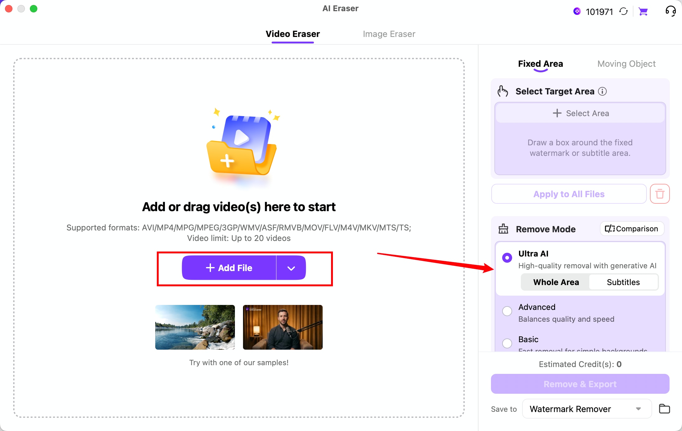Import a video and choose Ultra AI Subtitles removal mode in UniConverter for Mac