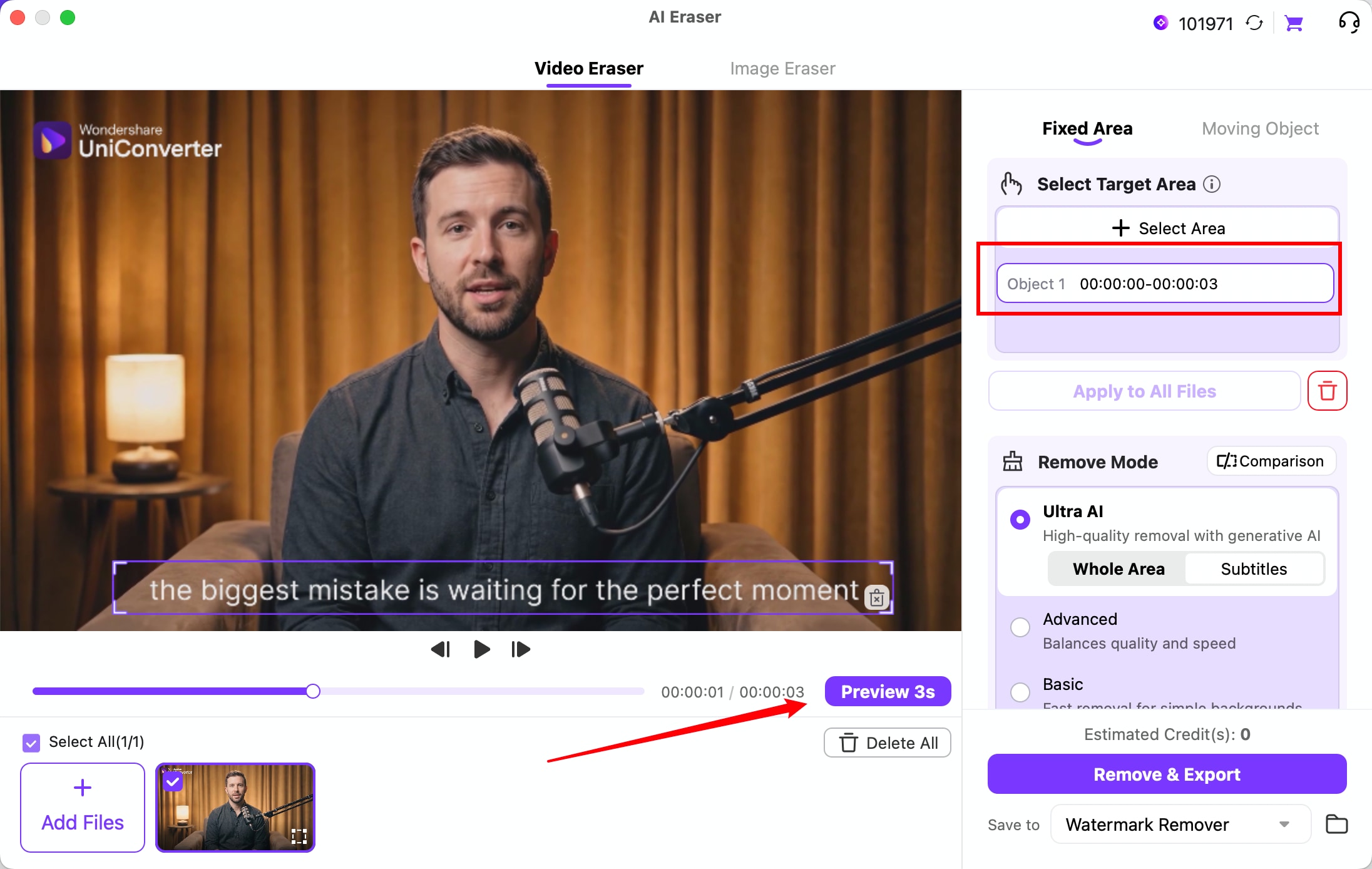 Select the burned-in subtitle region and time range for AI subtitle removal