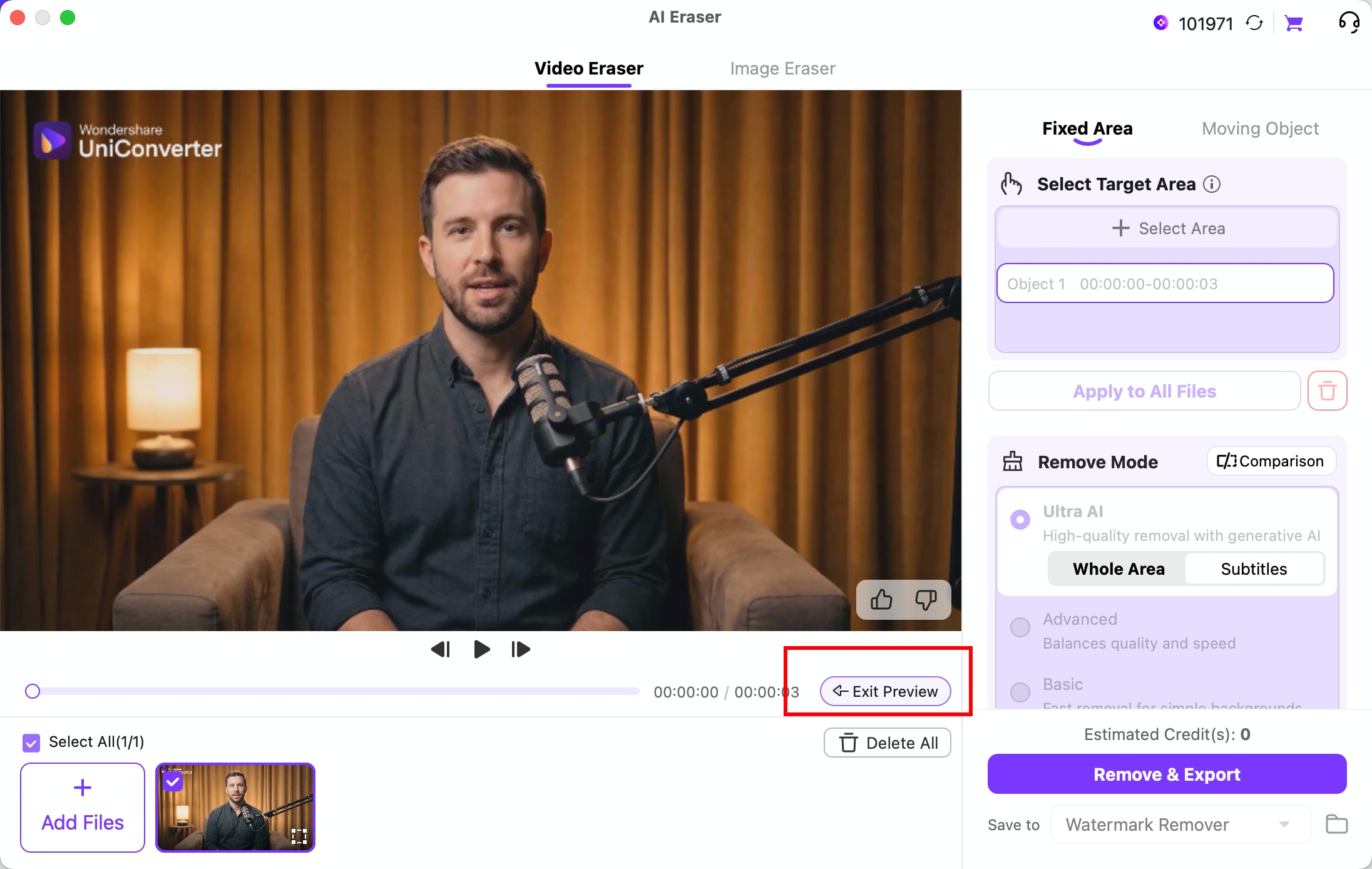 Preview the AI subtitle removal result and exit preview on Mac