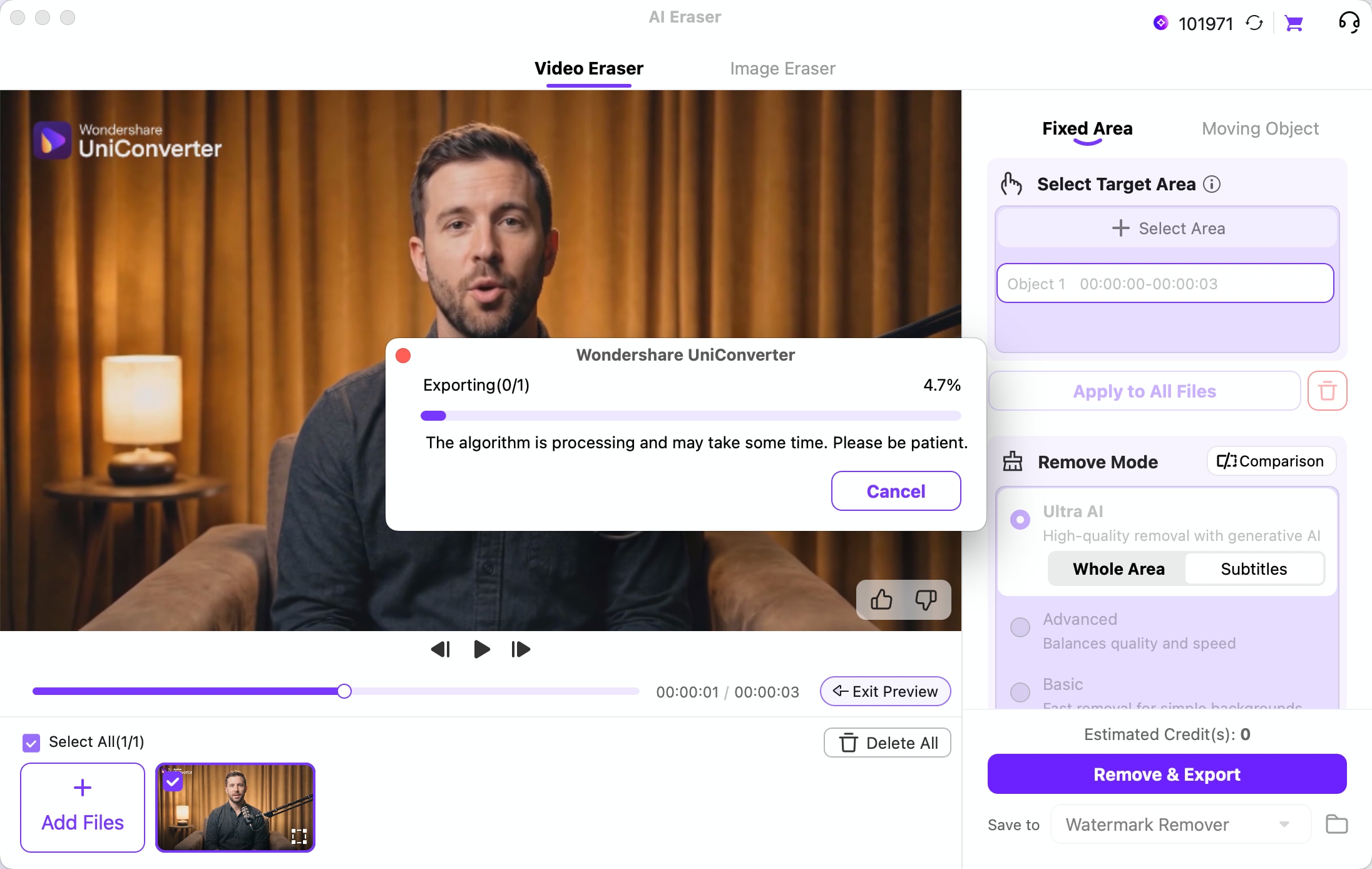 Export the video after removing burned-in subtitles with UniConverter 18 on Mac