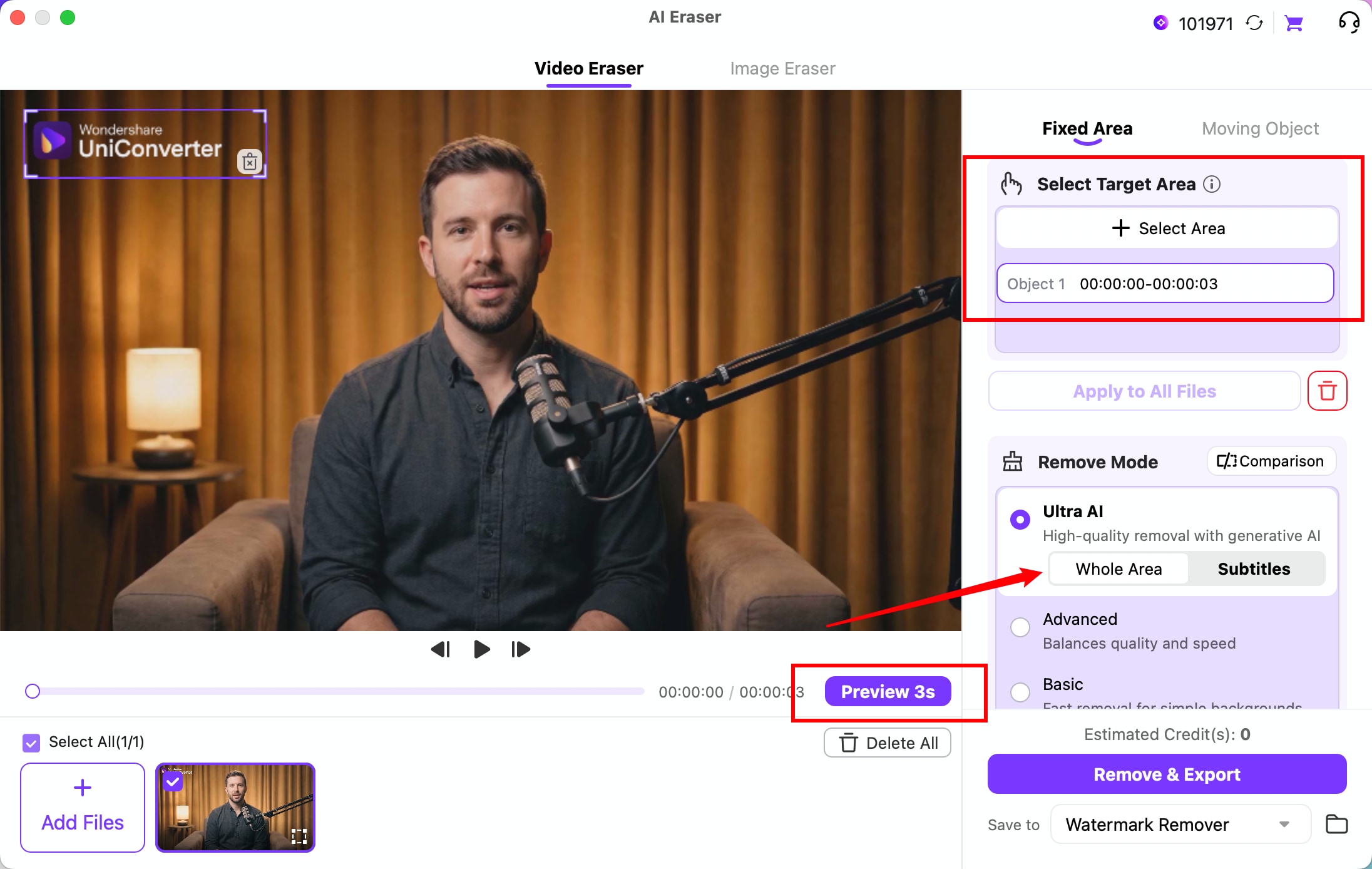 Select a fixed video watermark and configure Ultra AI Whole Area removal on Mac