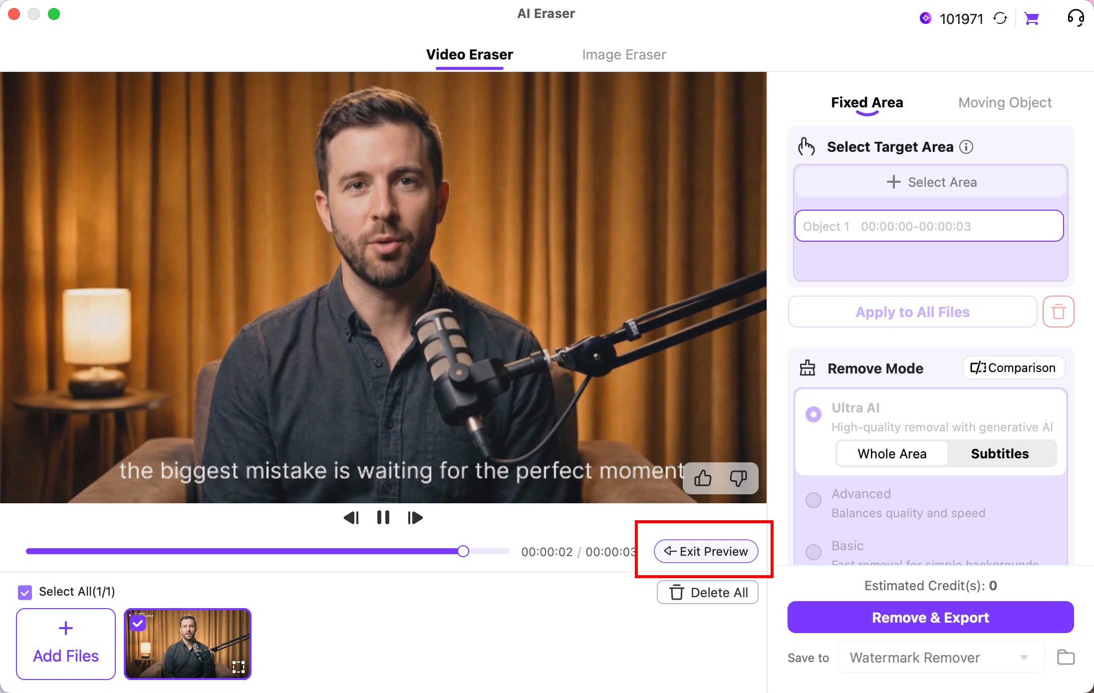 Preview fixed watermark removal and review the cleaned video on Mac