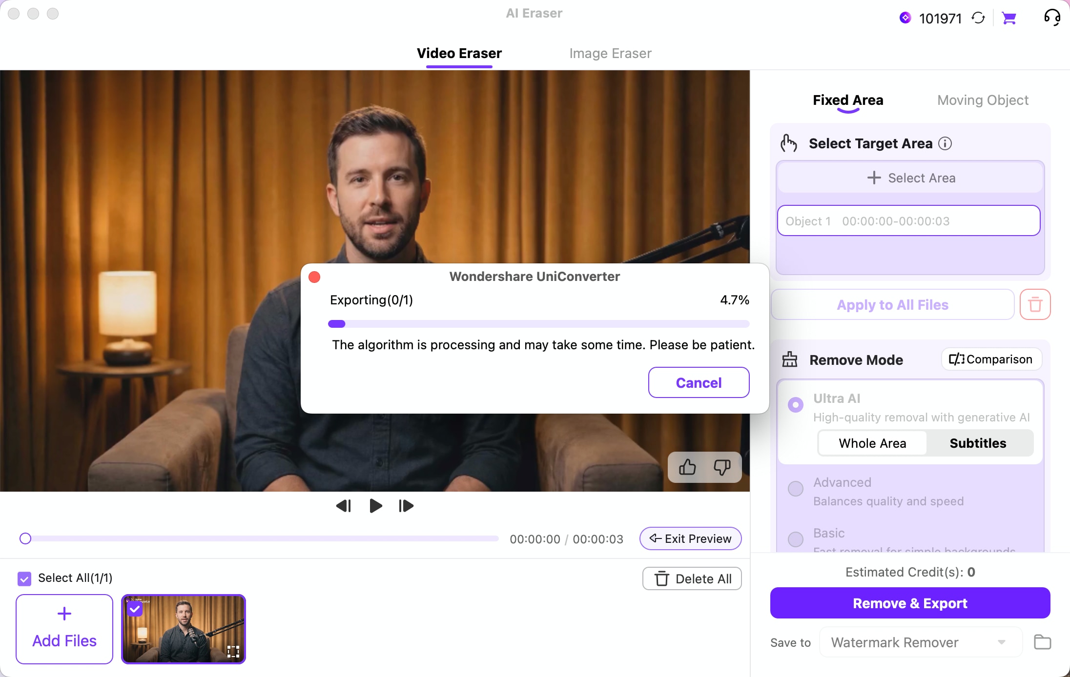 Export a video after removing its fixed watermark with Ultra AI
