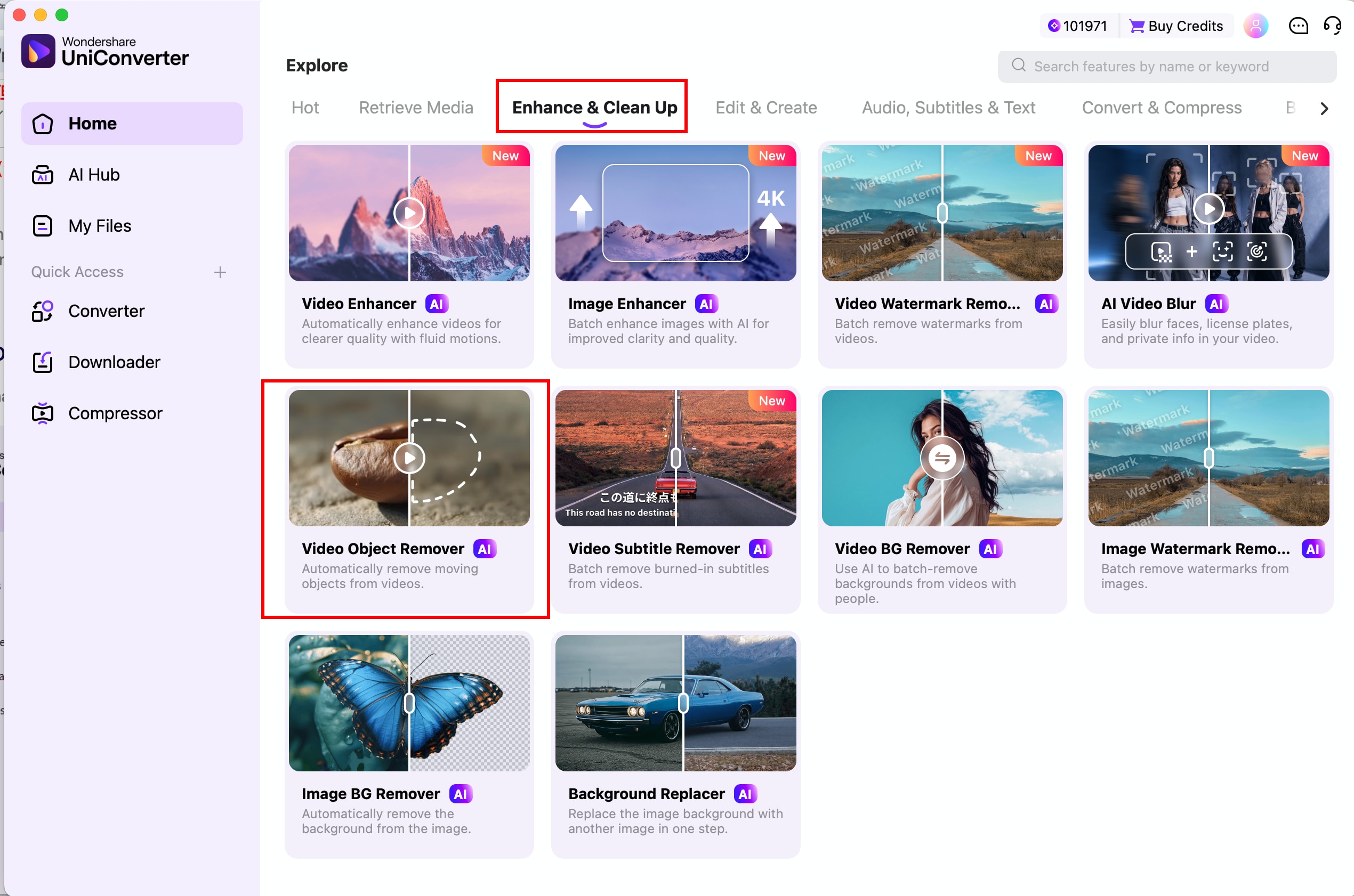 Open Video Object Remover from Enhance and Clean Up in UniConverter 18 for Mac