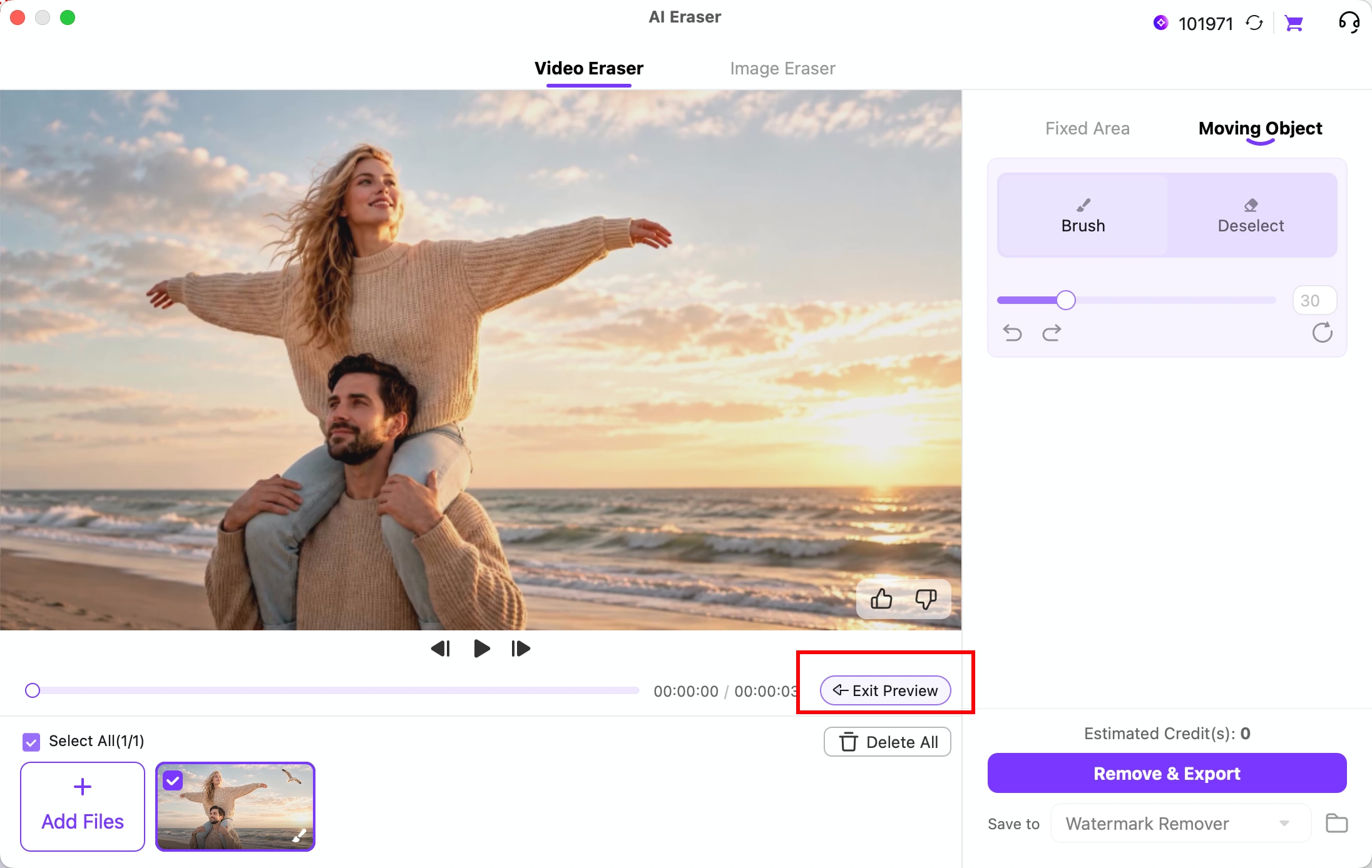 Preview AI moving object removal and inspect the processed video result