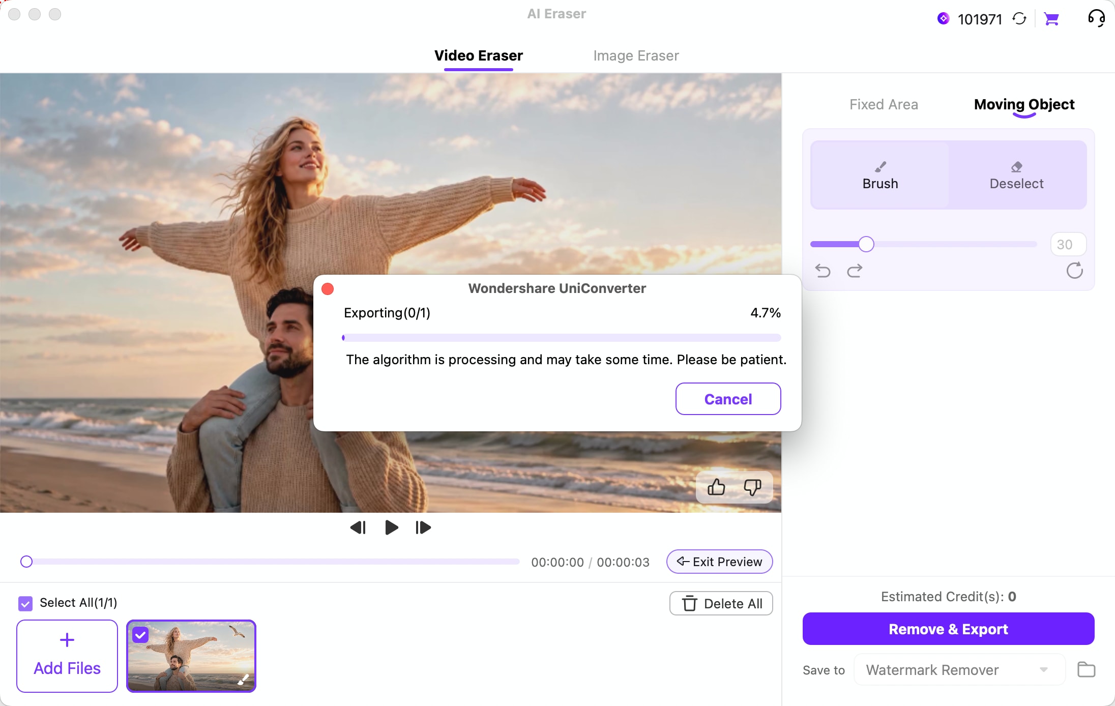 Export a video after removing an unwanted moving object with AI on Mac
