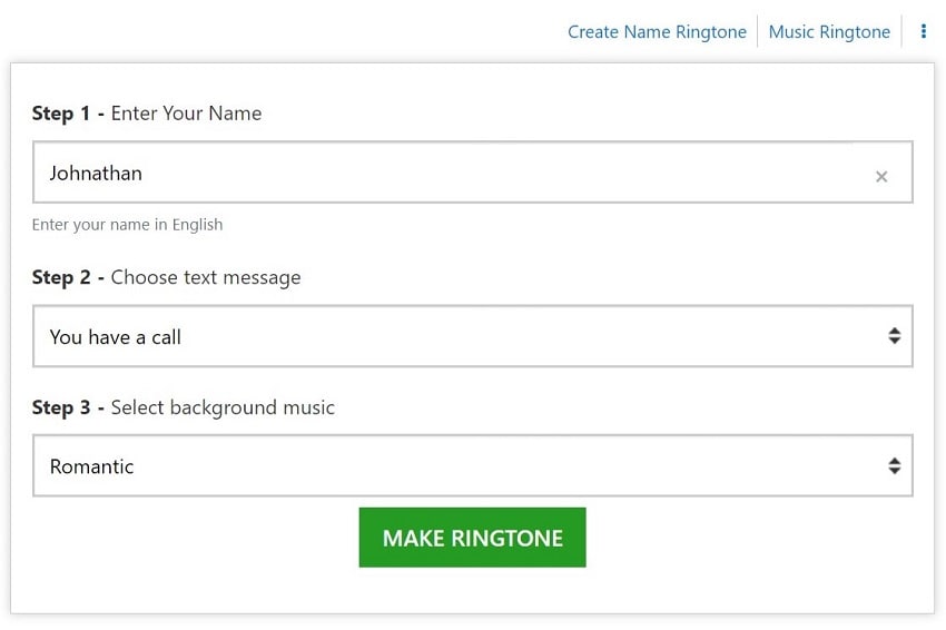 fill in details and click make ringtone