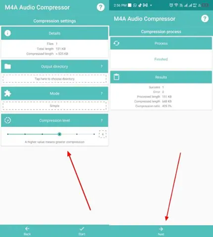 configura los parámetros y ejecuta con M4A Audio Compressor