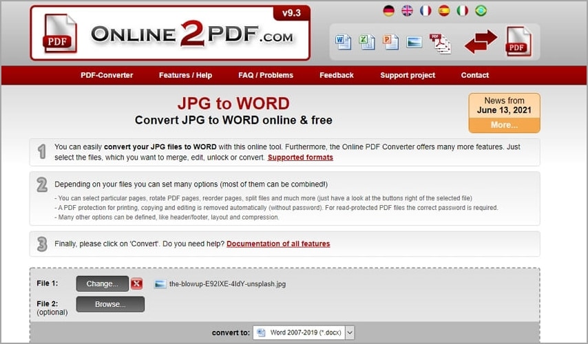 ccconvertir une image en document word avec online2pdf