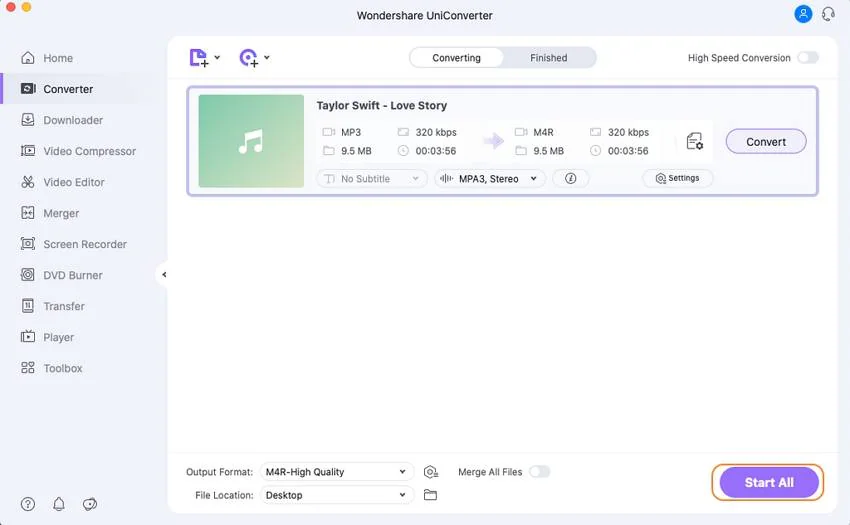 конвертировать mp3 в m4r с помощью uniconverter для Mac