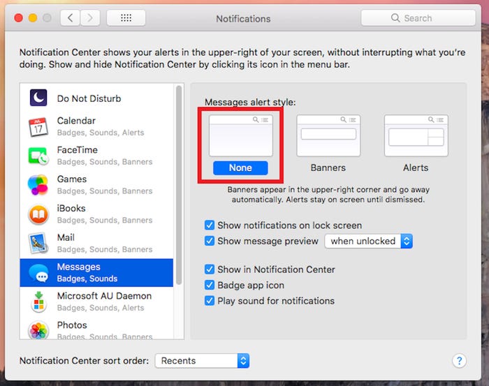 turn off sound notifications for messages on mac