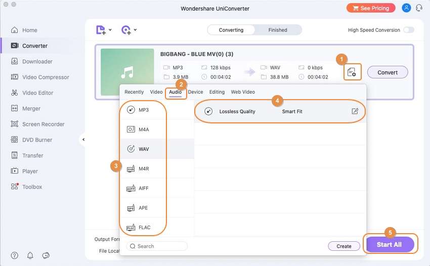 MP3 Datei schneiden Schritt 3 - Starten der Konvertierung der Audio Datei mit dem Wondershare UniConverter