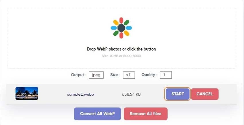  Click the Start button to convert your WebP image into JPG