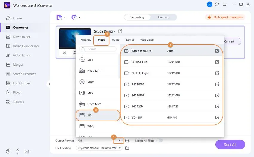 Scegli il Formato di output AVI