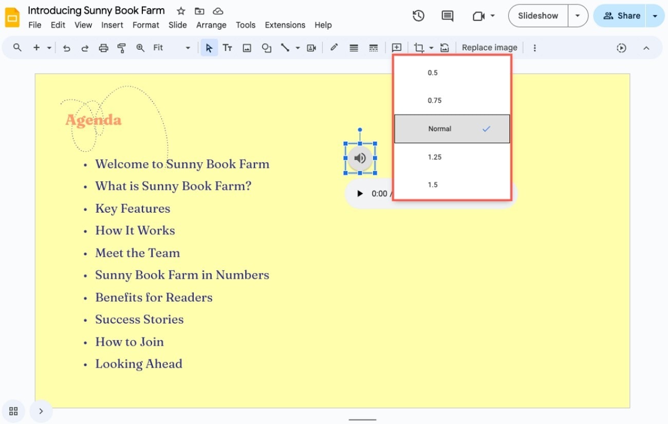 adjust audio playback speed in slides