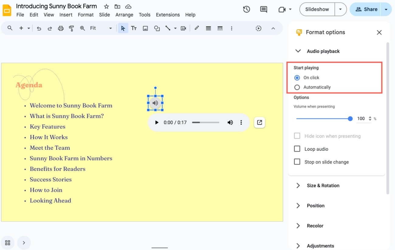 hidden audio settings google slides