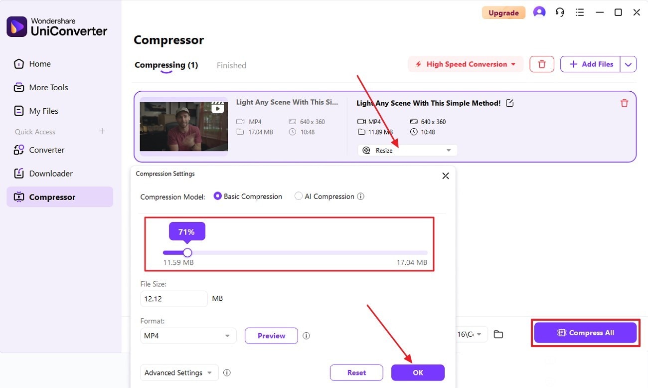 set compression rate hit ok
