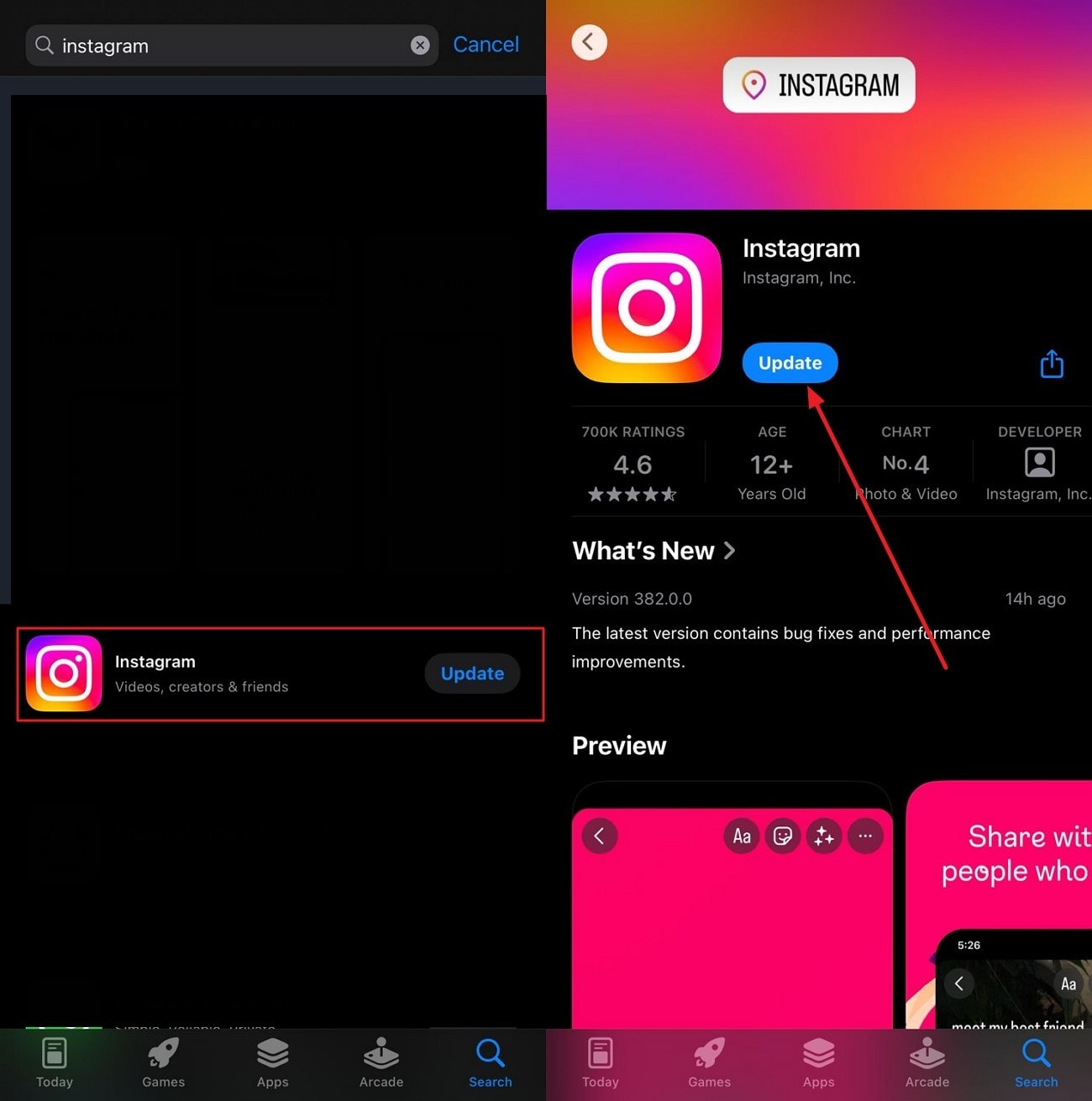 update instagram application on device