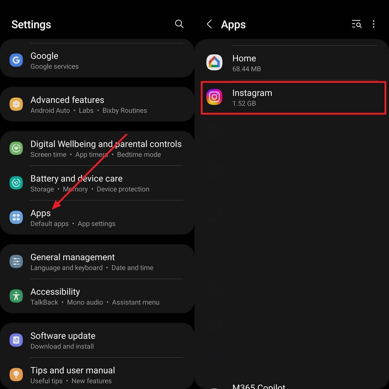 locate instagram app android settings