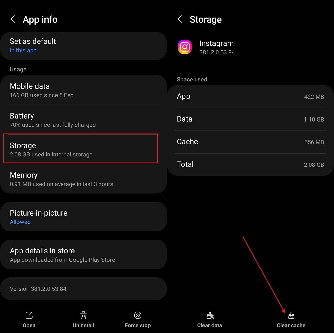 clear storage cache instgram app