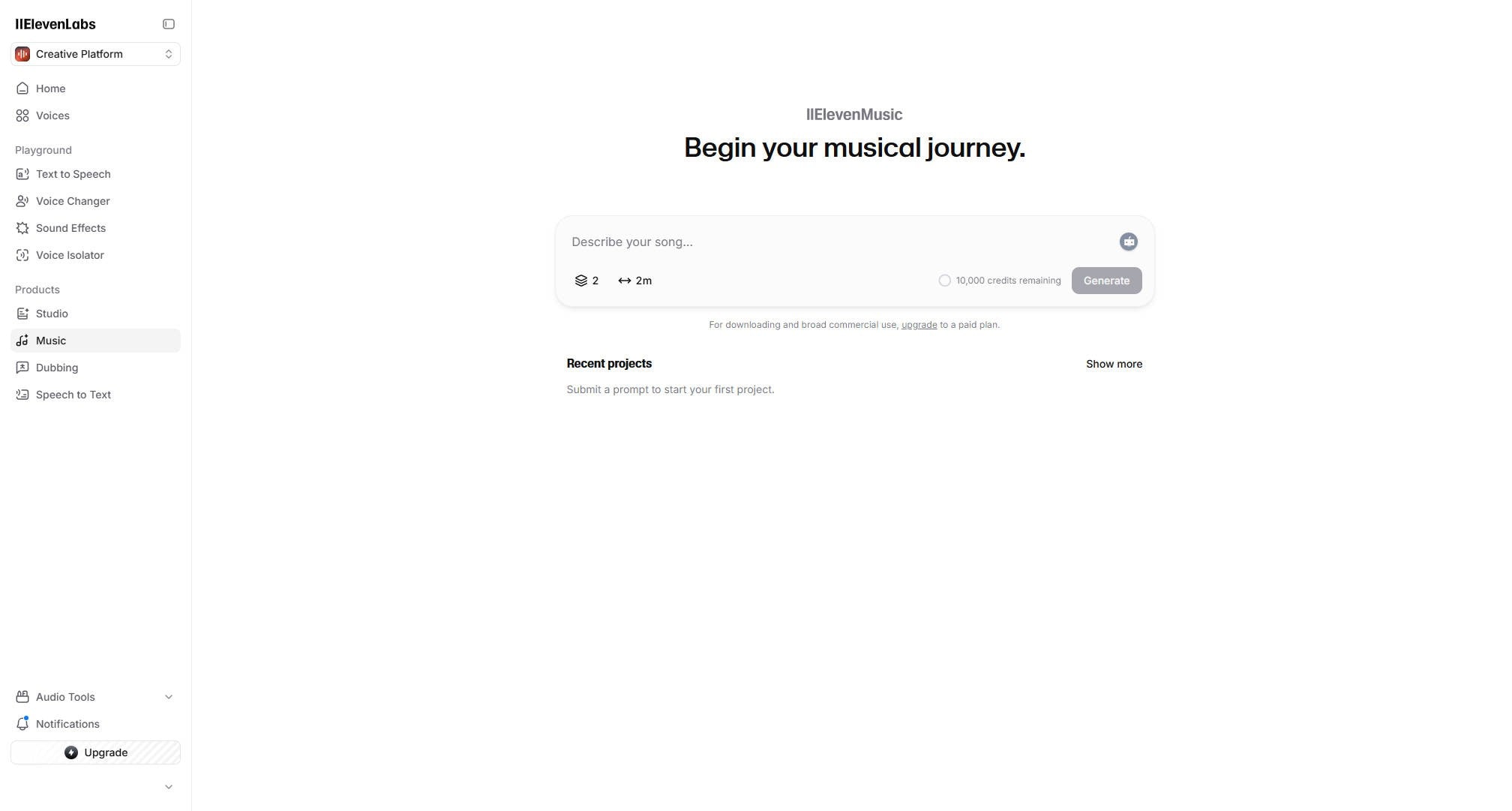 open dashboard of elevenlabs music