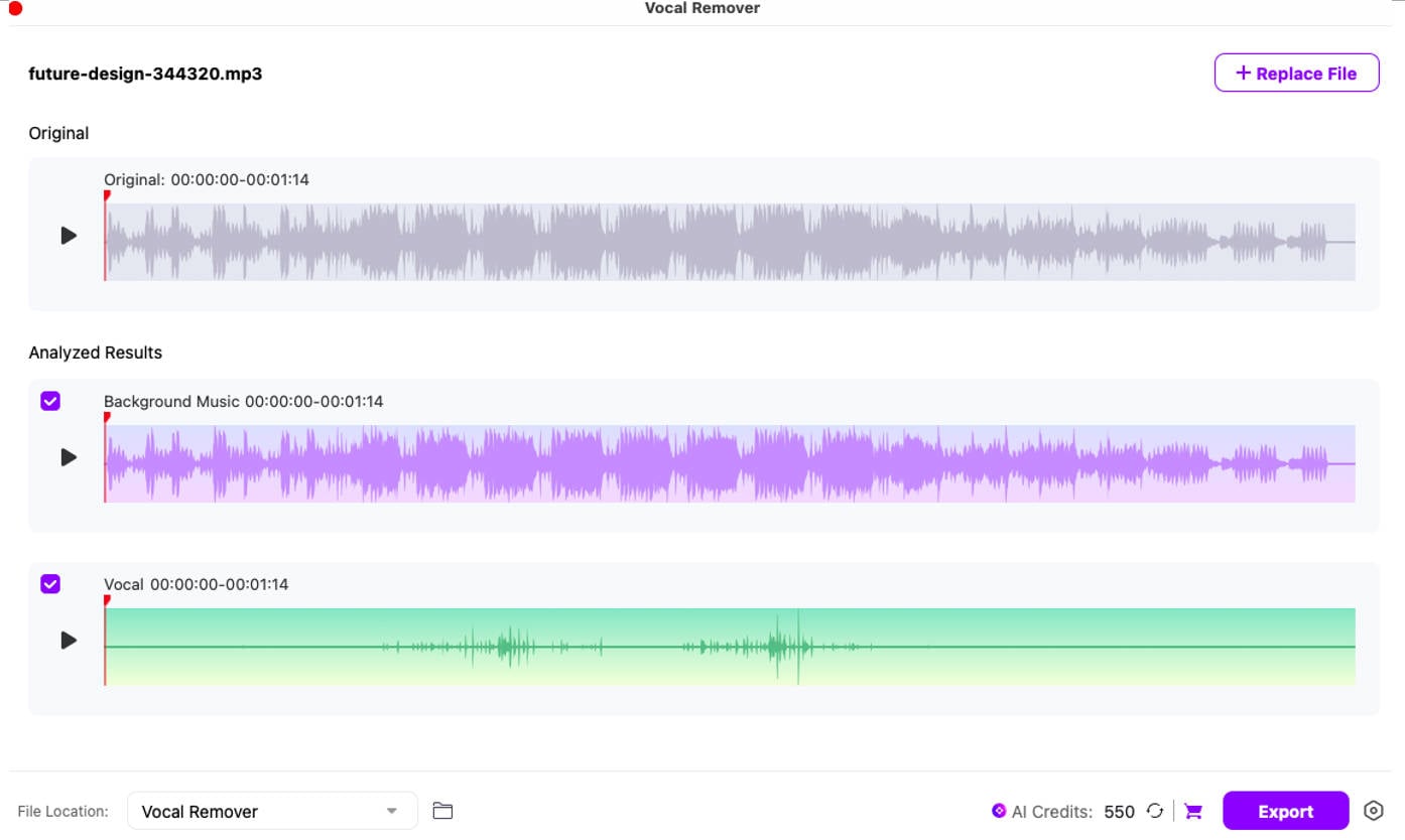Vocal remover by UniConverter editor screen