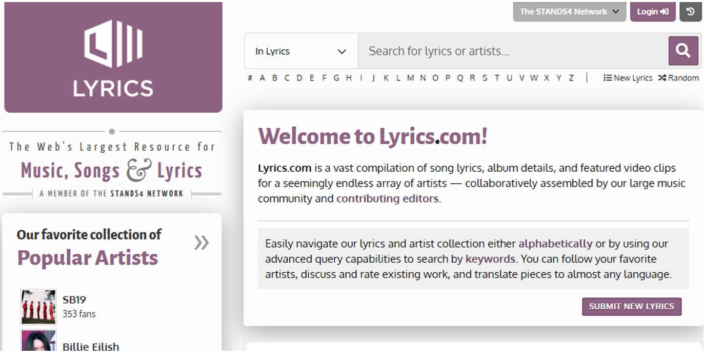Lyrics.com song lyrics finder