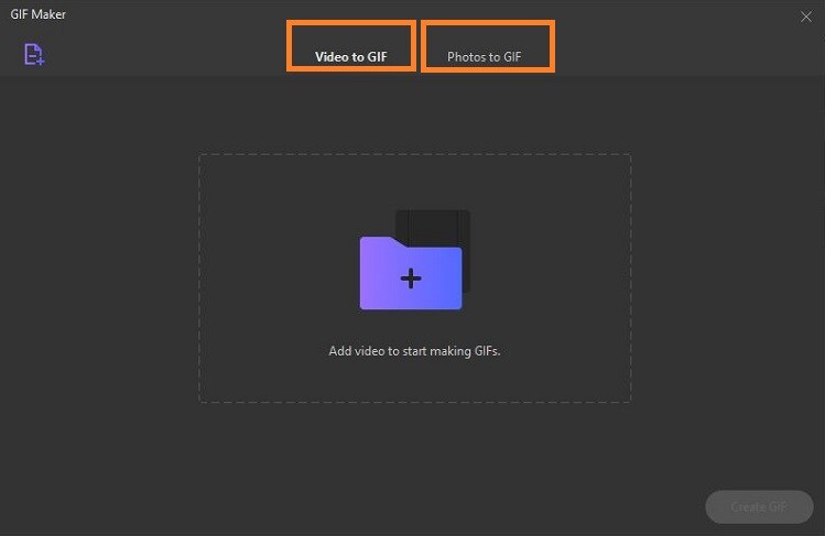 A GIF Maker window will pop up. Select either Video to GIF or Photos to GIF to import the respective media files