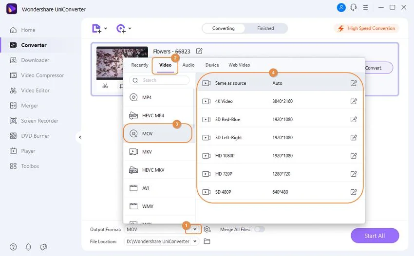 choose output format as MOV