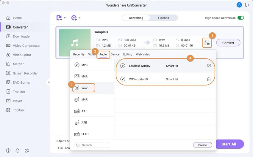 choose wav as output format mac