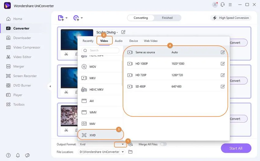 Choose Xvid as Output Format