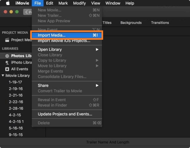 click the Import Media option to add the iMovie file to the UI
