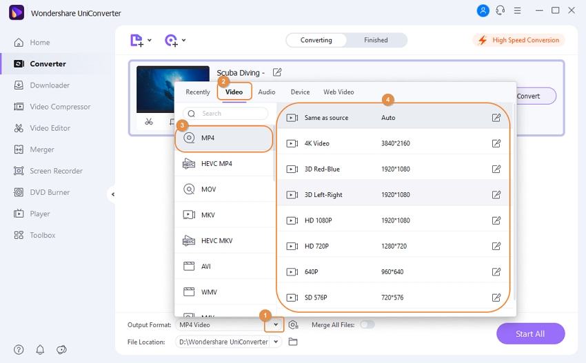 Selezionare MP4 come formato di uscita