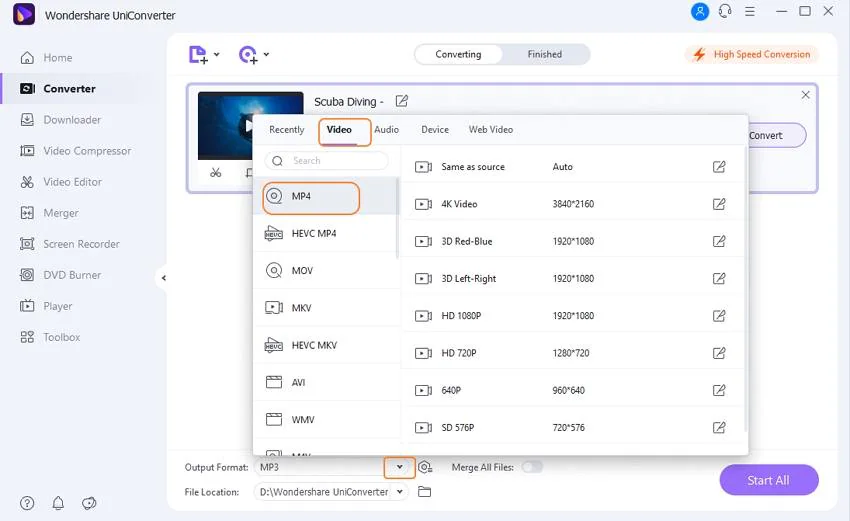 scegli formato di output per i file AVCHD