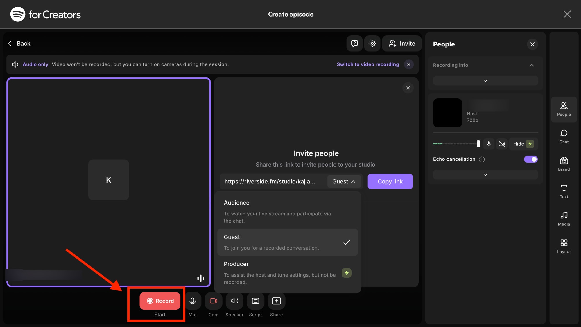 spotify for creators riverside start recording