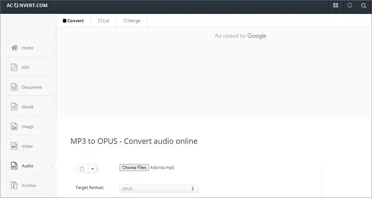 Conversor gratuito online de MP3 a OPUS - AConvert