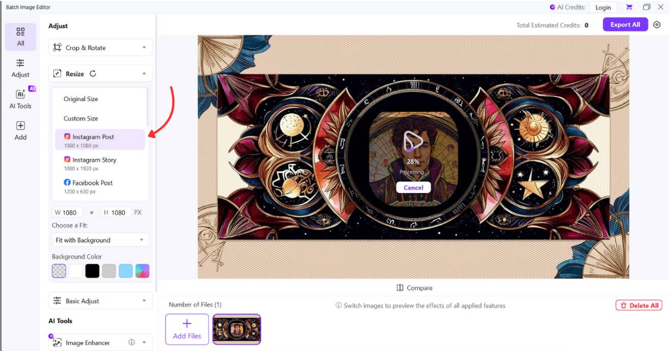 select instagram preset or enter a custom size