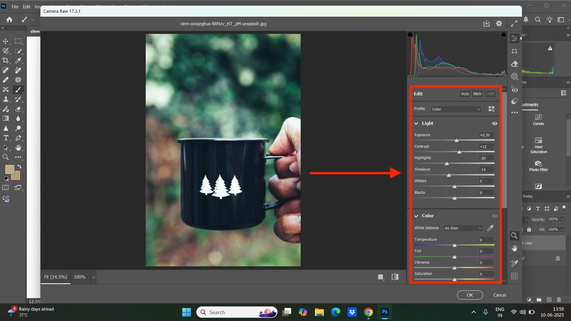 photoshop camera raw filter adjust light and color