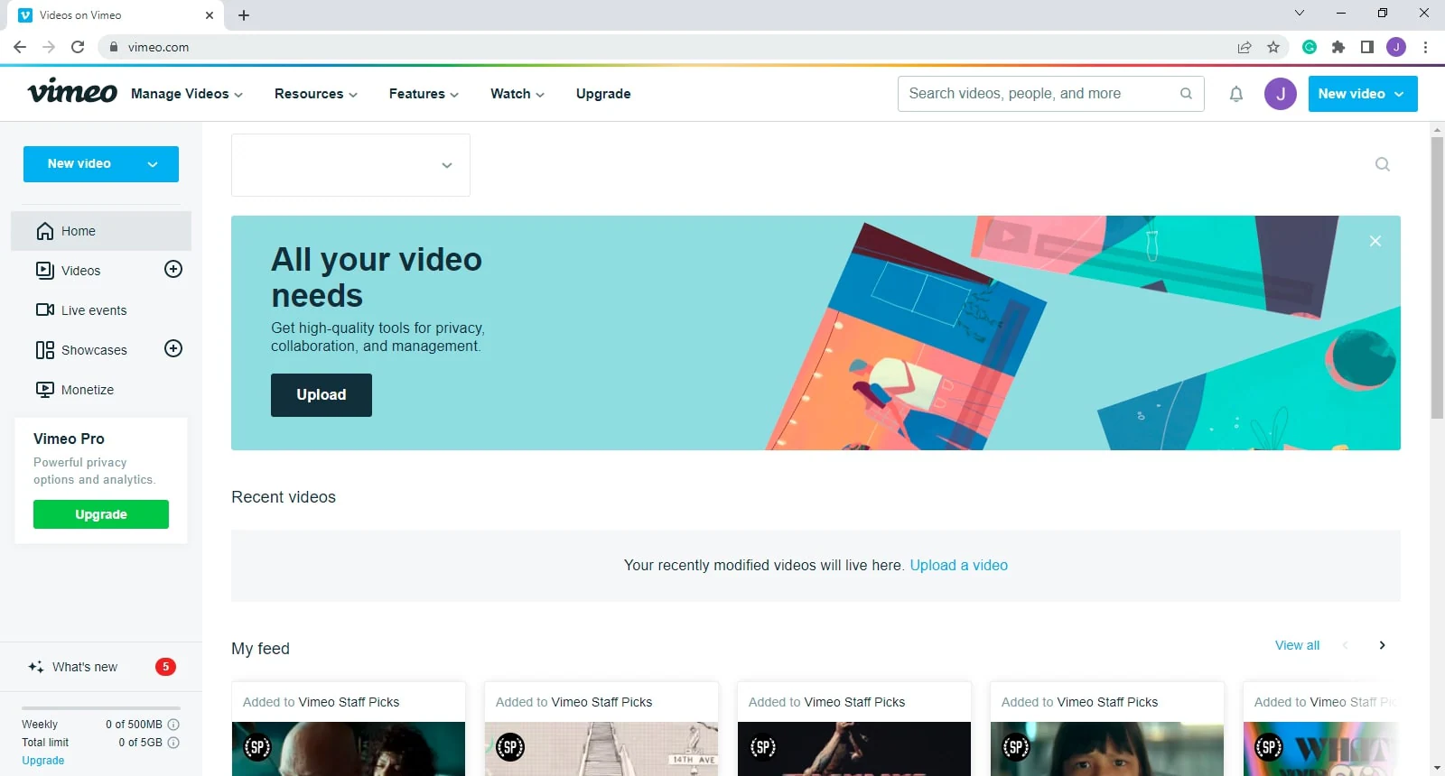 Interfaccia utente di Vimeo