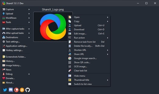 ShareX menu