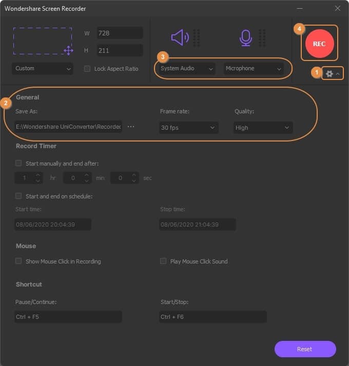 adjust the settings to record