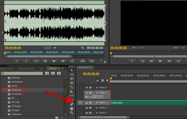 adding denoiser effect to audio clip