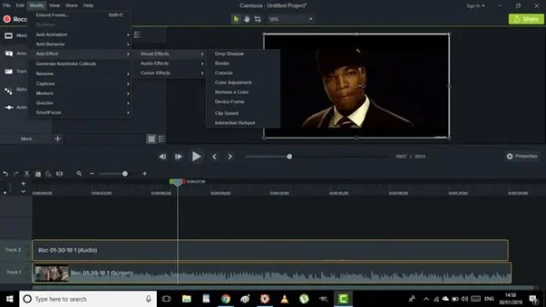 screen recording interface of Camtasia on Windows