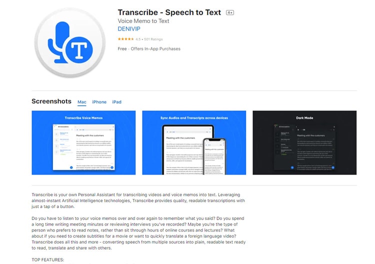 transcribe en app store vista previa