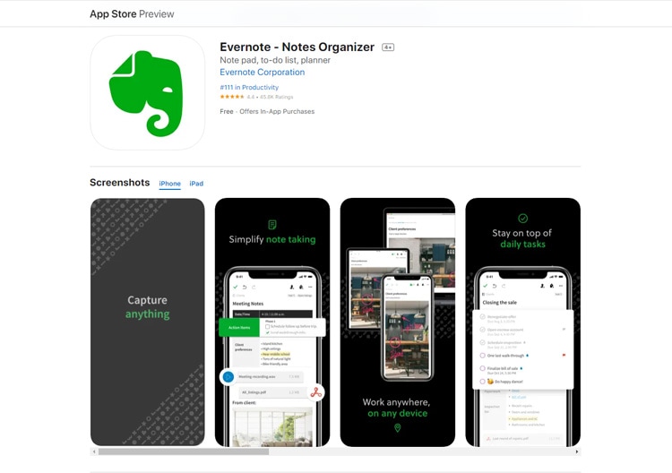 evernote en app store imagen previa