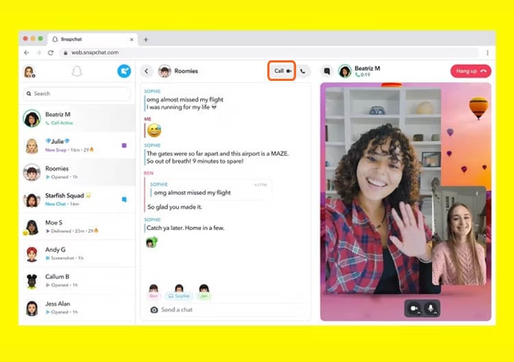 click the call button to make a video call on snapchat web